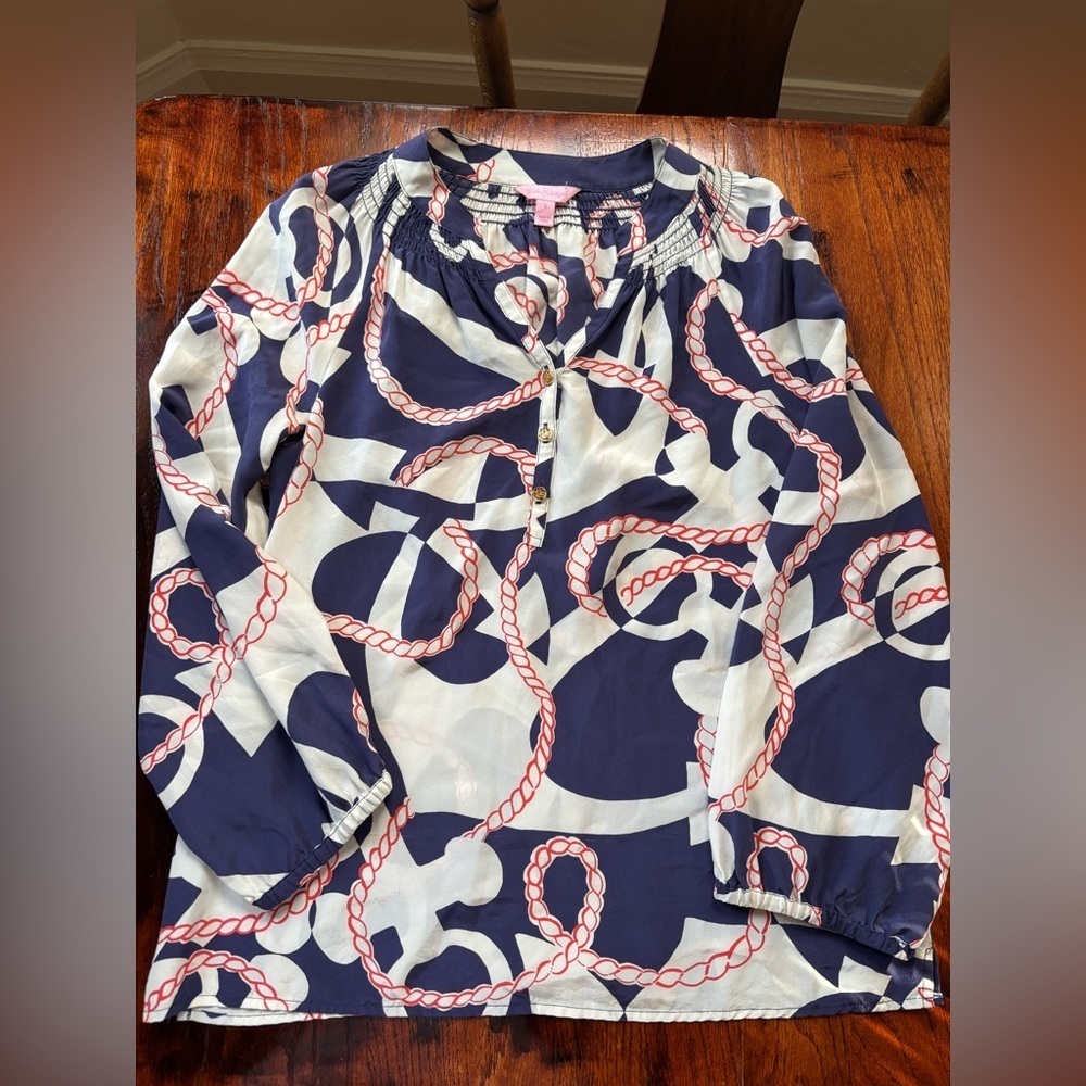 Lilly Pulitzer Elsa Blouse Navy Nautical Anchor Rope Booze Cruise Print SZ Small - Picture 2 of 8